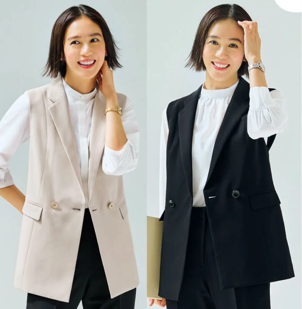 ジレ ロングベスト ブラック グレージュ  レディース 女性用 ビジネスウェア オフィスウェア 通勤服 きれいめ ストレッチ 撥水 速乾 ENJOY EAV913 刺繍 プリント ジレ ロングベスト ブラック グレージュ レディース 女性用