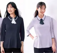 カーシーカシマ ESP980 ポロシャツ(七分袖) ESP980 ポロシャツ(七分袖)オフィスワークに最適なBICOLOR POLOシリーズの七分袖ポロシャツです。モイステックス®の接触冷感素材で真夏でも涼やかな着心地を実現し、ペプラムスタイルできちんと見えをサポート。3WAYスカーフ付きでクールにもフェミニンにも演出できるマルチWAYデザインが、毎日のオフィススタイルに遊び心をプラスします。特徴・トレンドのペプラムデザインでスタイリッシュなシルエット・3WAYスカーフ（スナップボタン仕様）でクール&フェミニンな演出が可能・バイカラーデザインで明るく爽やかな印象を演出・七分袖で二の腕や腰まわりをさりげなくカバー・長めの丈感でパンツとの相性抜群・ARM360°動きやすい袖設計で快適な着心地・接触冷感のモイステックス®で真夏でも涼やか・透けにくい生地で安心して着用可能・ノンアイロンでイージーケア・便利な腰ポケットと大きめ胸ポケット付き・消臭テープ搭載で一日中快適