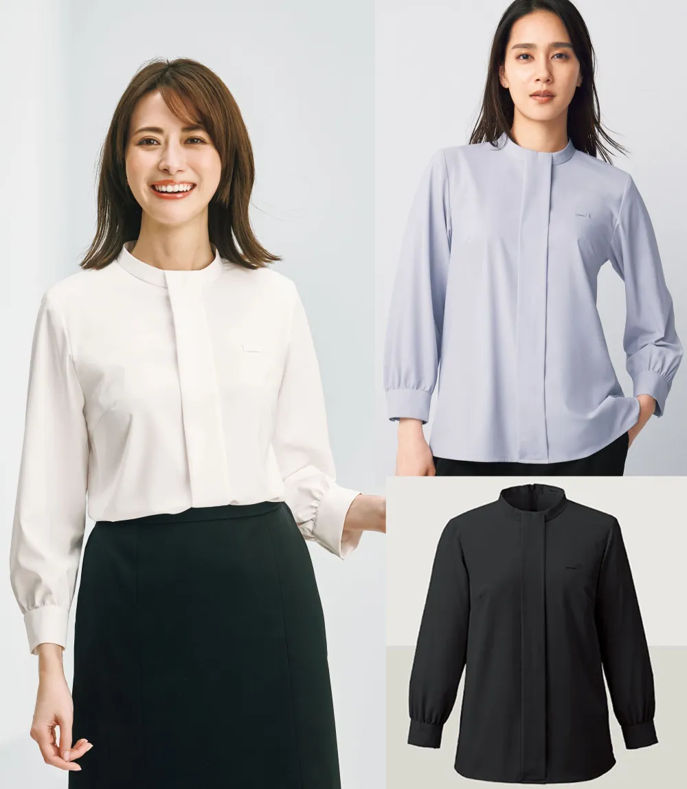 事務服 スタンドカラーブラウス 八分袖 NWB029 レディース オフィスウェア 制服 ユニフォーム ENJOY カーシーカシマ 5号-15号 カーシーカシマ 事務服 スタンドカラーブラウス 八分袖 NWB029