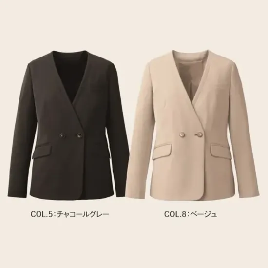 カーシーカシマ NAJ066 ノーカラージャケット NOBLE CROSS ノーカラージャケット NAJ066洗練された印象と実用性を兼ね備えたNOBLE CROSS（ノーブルクロス）シリーズのノーカラージャケット NAJ066。スマートなシルエットと高機能素材の融合で、上質なおもてなしをスタイリッシュに演出します。特徴・防汚加工により、皮脂や水分の汚れを防ぎ、美しい状態をキープ・撥水機能で急な雨にも対応できる実用性・クリーンでスマートなノーカラーデザインが、現代的な接客スタイルにマッチ・組み合わせ自在の設計で多様なスタイリングが可能・ジャケット両脇の大型ポケットは実用性抜群で、業務効率をサポート仕様・品番:NAJ066・商品名:ノーカラージャケット・カラー:チャコールグレー、ベージュ・サイズ:5号、7号、9号、11号、13号、15号・シリーズ:NOBLE CROSS・デザイン:ノーカラー・対応アイテム:ジレ NAV067、プルオーバー NWT068、パンツ NAL070・NAL071、スカート NAS069、メンズパンツ NAM021