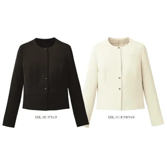 カーシーカシマ NAJ072 ノーカラージャケット EFFORTLESS JACKESON ノーカラージャケット NAJ072清潔感とフォーマルさを両立したEFFORTLESS（エフォートレス）の新提案、JACKESONシリーズのノーカラージャケット NAJ072。接客シーンにふさわしい上品な印象を与えるデザインと、動きやすさに配慮した設計が魅力です。特徴・丸みを帯びたノーカラーとミニマルなフロントデザインで、柔らかく上品な印象を演出・オフホワイトには共通の防汚加工に加えて撥水加工を施しているため汚れが目立ちにくい・同シリーズのスカーフやボトムスとセットアップコーデが可能仕様・品番:NAJ072・カラー:ブラック、オフホワイト・サイズ:5号、7号、9号、11号、13号、15号・シリーズ:EFFORTLESS・商品名:ノーカラージャケット・デザイン:ノーカラー、後ろギャザー仕様