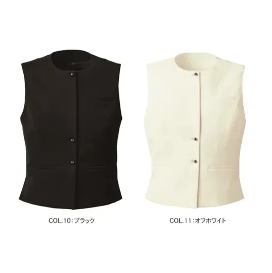 カーシーカシマ NAV073 ベスト EFFORTLESS JACKESON ベスト NAV073シーズンを問わず着まわせるEFFORTLESS（エフォートレス）のJACKESONシリーズより、スタイリッシュさと快適性を両立したノーカラーベスト NAV073が登場。多彩なインナーとの組み合わせで、一年中活躍する万能アイテムです。特徴・2wayストレッチ素材で軽やかな着心地と高い動きやすさを実現・速乾性に優れ、快適な着心地を長時間キープ・防汚加工により水や皮脂汚れがつきにくく清潔感を維持・オフホワイトには共通の防汚加工に加えて撥水加工を施しているため汚れが目立ちにくい・季節に合わせたインナーチェンジで通年着回しが可能・接客シーンに最適なきちんと見えのシルエット・エッセンシャル ツイルの上質な風合いで高級感を演出・ランダム配置のデザインボタンが洗練された印象を与え、アクセサリーがなくても様になる仕様・品番:NAV073・商品名:ベスト・カラー:ブラック、オフホワイト・サイズ:5号、7号、9号、11号、13号、15号・シリーズ:EFFORTLESS・デザイン:ノーカラー、ベスト、後ろギャザー仕様