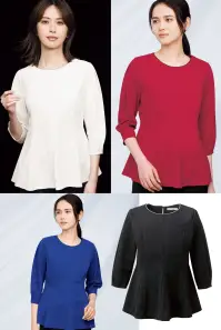 カーシー NWT057 プルオーバー（七分袖） BRILLIANT TOPS（ブリリアントトップス）1枚で、凛とした姿。シンプルに、美しく。サービスシーンで活躍するプロのために生まれた、1枚で華やぐファッショナブルなプルオーバー。快適性にもこだわった彩り豊かな新しい「ノワールトップス」が誕生しました。メリハリのあるフレアデザインが美シルエットに。ほどよいフレアデザインが演出する、優美な佇まい。アクセサリーをつけたりスカーフを巻いたりシンプルなデザインで、どんな装飾品とも合わせやすく、1枚で着ても様になる。接客業で求められるさまざまな業務を、より快適に行えるような機能性にもこだわり、着心地の良さと扱いやすさを叶えました。【BRIGHT GROSGRAIN】（ブライトグログラン）グログランの横畝にブライト糸を編み込んだ女性らしい表情感のニット素材。三角断面の太いブライト糸を使用することにより、上品な光沢感が生まれます。軽快なストレッチ性があり、シワになりにくく形態回復性に優れているので、肘などの型くずれも抑えられ、美しいシルエットをキープ。また、フルダル糸を使用しているので透けにくくUVカット性もある、ENJOYNoirオリジナル素材です。