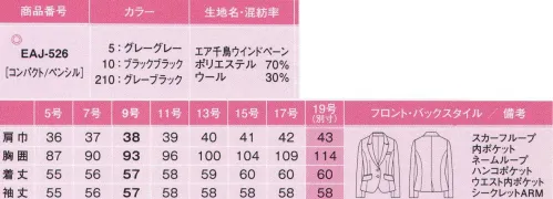 カーシー EAJ-526 ジャケット 驚くほどのストレスフリーな着用感が人気の自信作！ジャケットを着ていると肩が凝る、動きにくい…。そんな悩みを解消するのがこの空気のように軽い“エアスウィング スーツです。どれくらい軽いかと言うと、驚きの“385gです（※9号サイズ）。通常レディスジャケットは平均450g。エアスウィングジャケットは400g以下を定義としています。…でも軽いだけではラクにはなりません。そこで。腕まわりの機能「enjoy ARM360°」と「シークレットARM」を搭載！独自の立体パターンシステムを採用。腕をあげても、伸ばしても、きゅうくつ感がなく、キレイな身のこなしを妨げません。腕が縮こまらず、可動域を広げることが大切です。知的でスマート！ひとクセ加えた、大人のチェック。ふんわり軽やか、動きやすさバツグンの3色展開。着てみたいのは、どのスタイリング？色の組み合わせで印象をチェンジ！異なるカラーで組み合わせるスタイリングがおすすめ。おしゃれな印象が、ひときわ高まります。3色（グレーグレー、グレーブラック、ブラックブラック）から選べて組み合わせ自由。外回りはジャケット。オフィスではベスト。TPOに合わせてスタイルチェンジできます。影と光沢で表現した変形千鳥柄×微配色の格子柄が、正統派でありながらも、スマートな大人っぽさを表現。爽やかで凛とした「グレーグレー」、表現豊かな「グレーブラック」、シックでかっこいい「ブラックブラック」の、組み合わせ自在の3色展開。熱で溶けるPVA（水溶性ビニロン）を使用し、PVAを溶かすことによって、繊維内部に空間が生まれ、空気を含み、軽さ、やわらかさ、ストレッチ性を表現しました。適度なハリ・コシと反発性があるためシワができにくく、メンテナンス性にも優れたenjoyオリジナル素材です。オシャレでかわいいドット柄裏地。「グレーグレー」にはピンクの裏地、「グレーブラック」と「ブラックブラック」にはブルーの裏地を採用。こだわりの配色とドット柄が、オシャレ心をときめかせます。●スカーフループ。スカーフを直接まかず、直接ジャケットやベストにつける新発想。「誰でも簡単にワンタッチ！」「一度つけたらずっとキレイ！」を叶えます。●シークレットARM。ジャケットの肩まわりにのみストレッチ性のある裏地を使用。身頃のすべりがよく、肩まわりの動きやすさもバツグンです。※19号は受注生産になります。※受注生産品につきましては、ご注文後のキャンセル、返品及び他の商品との交換、色・サイズ交換が出来ませんのでご注意くださいませ。※受注生産品のお支払い方法は、先振込み（代金引換以外）にて承り、ご入金確認後の手配となります。 サイズ／スペック