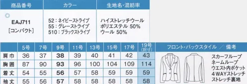 カーシー EAJ711 ジャケット 誰でも”キマる！” HIGH STRETCH SUITSあらゆる身長・体型に美しくフィット！今までニットでしか得られなかった高いストレッチ性を、上質で繊細なウール混素材で実現。着た瞬間に体感できる、驚くほどの着心地のよさと動きやすさ。ENJOY独自の技術を極めた新開発のオールフィットな3Dパターンで、あらゆる身長・体型・年齢に美しくフィットします●約14％伸びる新素材でジャケット着用時の悩みを解決！布帛のジャケットを着ると、腕を前に伸ばした時に肩や背中が突っ張ってきゅうくつ。そんな悩みを解決してくれるのが、このハイストレッチウールのジャケット。布帛でありながら約14％伸びる「全方向マルチストレッチ」を実現。どんなに動いても突っ張り感がなく、腕を上げたり、お辞儀をしても、ジャケットが着くずれする必要もありません。ニットに比べて型くずれしにくく、高級感のある風合いも魅力です。●裏地も約15％ストレッチでさらに動きやすく。表地と同等のストレッチを持つ裏地を採用。約15％伸びる裏地を使用することにより、表地と一体といなって動きやすさをサポート。全方向に伸びる裏地なので、すっきりと心地よくからだになじみます。着席時もきゅうくつ感がなく、一日着ていても疲れにくいのがポイント。※19号は受注生産になります。※受注生産品につきましては、ご注文後のキャンセル、返品及び他の商品との交換、色・サイズ交換が出来ませんのでご注意ください。※受注生産品のお支払い方法は、先振込（代金引換以外）にて承り、ご入金確認後の手配となります。 サイズ／スペック