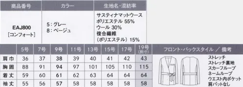 カーシー EAJ800-B ノーカラージャケット　19号(特注) SUSTINA Mat Worsted（サナティナ マットウース）エコな素材を配合した、地球にやさしい装い。糸を引き揃えて織り込んだバスケット風組織。多色使いによるナチュラルでシャンブレーな表面感が特徴です。伸縮性のある植物由来のソロナ®繊維を使用し、かつ環境に配慮したオーガニックウールもブレンドしたサステイナブルな素材です。●植物由来のストレッチ素材Sorona®を配合米国デュポン社が開発した、植物由来樹脂の繊維素材Sorona®。やわらかく、ストレッチ性がありながら耐久性も備えるという特徴を持ちます。●地球にやさしいオーガニックウールを使用害虫駆除剤などの有害な化学薬品を3年以上使用しない、有機的な牧羊地で育った羊から刈り取られたウールのことを指します。自然で健康的な繊維素材であるとともに、その生産工程がCO2の削減にも貢献しているエコな素材です。※デュポン™およびソロナ®は米国デュポン社の登録商標です。ライセンスによりカーシーカシマ株式会社が使用しています。※19号は受注生産になります。※受注生産品につきましては、ご注文後のキャンセル、返品及び他の商品との交換、色・サイズ交換が出来ませんのでご注意ください。※受注生産品のお支払い方法は、先振込（代金引換以外）にて承り、ご入金確認後の手配となります。  サイズ／スペック