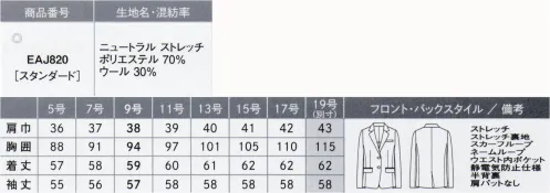 カーシー EAJ820-B テーラードジャケット　19号(特注) みんなに、やさしい。MY FIT SUITS（マイ フィット スーツ）着る人も、接する人も、みんなの毎日にやさしくフィットするものがいい。どんなシーンにも対応した機能が満載で、ラクな着心地なのにスラリと見えるシルエット。制菌・防臭加工やポケットの抗菌・防臭裏地の採用で、マスクやハンカチを清潔に収納できます。穏やかで親しみやすい印象の中間色と、優しい印象のチェック柄ベストをラインアップしているので、組み合わせも自由に楽しめます。さらに、オーガニックウールを使用し、地球環境にも配慮しました。【ニュートラル ストエッチ】上質な原料を使用し、ふくらみ感がありながら、しなやかで適度なハリコシを併せ持った綾織りのストレッチ素材に、制菌・防臭加工「sefty」を施しています。また、地球環境に配慮したオーガニックウールを使用したENJOYオリジナル素材です。●制菌防臭加工「sefty」生地に制菌・防臭加工「sefty」を施し、さらなる安全・安心に配慮。洗濯を重ねても効果が続きます。●ポケットの抗菌・防臭裏地「ミューファン®」ポケットの袋に純銀を加工した特殊糸の抗菌・防臭裏地「ミューファン®」を使用。銀イオンのチカラでマスクやハンカチを衛生的に収納できます。●地球にやさしいオーガニックウールを使用害虫駆除剤などの有害な化学薬品を3年以上使用しない、有機的な牧羊地で育った羊から刈り取られたウールウールのことを指します。自然で健康的な繊維素材であるとともに、その生産工程がCO2の削減にも貢献しちえるエコな素材です。※19号は受注生産になります。※受注生産品につきましては、ご注文後のキャンセル、返品及び他の商品との交換、色・サイズ交換が出来ませんのでご注意ください。※受注生産品のお支払い方法は、先振込（代金引換以外）にて承り、ご入金確認後の手配となります。◎「スカーフループ®」は、カーシーカシマの登録商標です。 サイズ／スペック