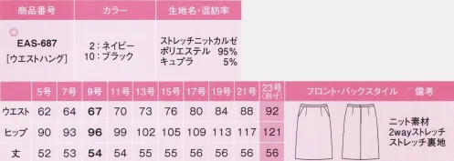 カーシー EAS-687 セミタイトスカート 伸びやかな着心地、呼吸するニット！ニットでありながら、ひと目でわかる信頼感とグレード感。不快な熱のこもりを解消した“呼吸するニット”がデビュー。動きやすい抜群の着心地とメンテナンス性を実現しました。ストレッチニットカルゼ美しく快適。今までにない”呼吸するニット”熱がこもらず一年中を通して着心地よい「ピュアクレール」を使用した高機能ニット。きちんと感とフォーマル感を併せ持ち、シワになりにくく、お手入れも簡単なENJOYオリジナル素材です。「ピュアクレール®」はキュプラを使用した、吸放湿性・吸水性・速乾性に優れたドライでサラリとした肌触りの快適素材です。●カーブベルトウエストラインに沿うカーブベルトで腰回りの圧迫感を解消。立ったり座ったりしてもストレスなし。●3段カン仕様ホックはウエストのサイズに合わせて調節出来る3段カン仕様。後ろあきのファスナーを採用。●大容量ポケット物を入れてもふくらみにくく、手の出し入れがスムーズ。●脚さばき抜群セミタイトスカートは、スリットがなくてもスムーズに動ける絶妙な裾回りのデザイン。※23号は受注生産になります。※受注生産品につきましては、ご注文後のキャンセル、返品及び他の商品との交換、色・サイズ交換が出来ませんのでご注意ください。※受注生産品のお支払い方法は、先振込（代金引換以外）にて承り、ご入金確認後の手配となります。 サイズ／スペック