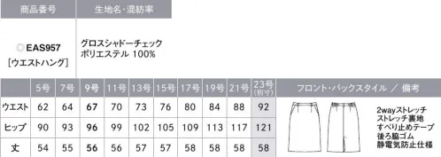 カーシー EAS957 セミタイトスカート 360°美しく、伸びやかに私にフィット。「美スラッと® BEYOND（ビヨンド）」360°どこから見ても美しく、それでいてきゅうくつ感のない着心地を叶えた「美スラッと®RBEYOND」がデビュー。多面体でつくり出すスリムなボディラインと、伸びのよい2wayストレッチの生地を合わせることで、細見えと抜群の着心地を実現しました。スタイリッシュなシャドーチェック柄を使用したどんなときも美しく、伸びてフィットする。「美スラッと®」の新シリーズです。【GLOSSSHADOW CHECK（グロス シャドーチェック）】ウールライクな上質感と奥行きのあるチェック柄で上品に。多種な組織柄をドビー織で表現した陰影と、光沢がクラス感を演出するシャドーチェック。糸に撚りをかけることにより、ウール見えする上品な印象に仕上げました。抜群の2wayストレッチで着心地のよさも実現したENJOYオリジナル素材です。●大容量ポケット●静電気防止仕様●ハイストレッチ裏地●カーブベルト…ウエストラインに沿うカーブで、お腹まわりの圧迫感を軽減。立ったり座ったりを繰り返してもきゅうくつ感ゼロ。●後ろ脇ゴム…外から見てもゴムのしわが分かりにくい、両脇にシークレットゴムを施したスカート。座ったとき、お腹まわりを圧迫することなく、フロント部分をすっきり見せます。●すべり止めテープ…ブラウスがずり上がりにくく、着くずれを防止。●左脇ファスナー●3段カン…ホックはウエストサイズに合わせて3段階の調節が可能。●破れにくいスリット…歩いたとき、スリットに力がかかるポイントを工夫して、裂けにくく破けにくい仕様に。※23号は受注生産になります。※受注生産品につきましては、ご注文後のキャンセル、返品及び他の商品との交換、色・サイズ交換が出来ませんのでご注意ください。※受注生産品のお支払い方法は、先振込（代金引換以外）にて承り、ご入金確認後の手配となります。 サイズ／スペック