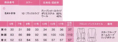 カーシー EAV-519 ベスト 50センチの接近戦OK！1サイズSmartを叶える、おもてなしのブラックスーツ。誰が着ても、どの角度から見てもスラッとかっこよく、くびれたウエストやキュッと上がったヒップを強調。しかも思いきり動いても、きゅうくつ感ゼロ。艶やかにきらめく、ダイヤモンドリリーのように。また会いたくなる美しさ。たくさん切り替えてあるから立体的。通常はパネル2枚でBODYはバスト以外は平面的。「前身頃＋後身頃」と「4枚パネル」を合わせて半周だけで「6面体」。ぐるり1周でなんと「12面体」の切り替えし！※通常は8面体です。裏地も12面体に切り替え。だから窮屈じゃない、中身の身体がちゃんと動いて滑りが良い！でも、Smartに見えるけど、サイズが小さいわけではないんです！※3サイズは他のベストと変わりません。美スラッととSuits“リリー”。その由来はダイヤモンドリリー。花言葉は「また会いましょう」「またお越しください」。真心を込めた接客をする女性たちの気持ちを込めました。●スカーフループ。スカーフを直接まかず、直接ジャケットやベストにつける新発想。優美で艶やかな着こなしを手軽に楽しめます。●マルチ機能ポケット。収納力、使いやすさ、見た目の美しさにこだわった多機能ポケットつき。NEWペンポケット:ペンのヘッドがキレイに収納できる新工夫。ペンクリップをポケット口にひっかけて使用できます。 大容量ポケット:4インチのスマートフォンも収まるサイズ。たくさん入れてもふくらまず見た目スッキリ。 Wネームループつき胸ポケット:名札をつける位置が選べる2つのループ付き。ポケットの内側は耐久性を考慮した補強仕様です。 リップポケット:リップスティックがすっぽり入る、便利なポケット付き。 シークレットポケット:ジャケットの内側のかくしポケットは、鏡やリップが余裕で入る大きさ。 名刺ポケット:名刺やIDカードの収納に便利な専用ポケット。●ディープシャドーストレッチ。深みのあるシャドーストライプに、艶やかな裏地が映える。ソフトな手触りと光沢感が魅力のウール高混率素材。T-400により、高いストレッチ性が魅力です。裏地は大人の色香が漂う艶やかなワインカラー。静電気を防ぐ放電テープで接近戦OK。触れた瞬間にパチッとくる不快感を抑え、お客様と間近に接する時も安心。また、ほこりの吸着を防ぎ、一日中美しさをキープします。※19号は受注生産になります。※受注生産品につきましては、ご注文後のキャンセル、返品及び他の商品との交換、色・サイズ交換が出来ませんのでご注意くださいませ。※受注生産品のお支払い方法は、先振込み（代金引換以外）にて承り、ご入金確認後の手配となります。 サイズ／スペック