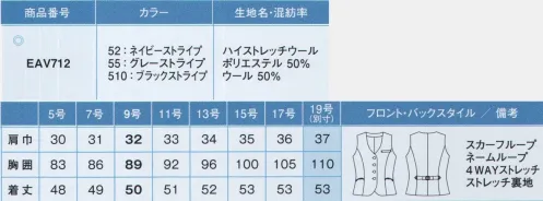 カーシー EAV712-B ベスト　19号(特注) 誰でも”キマる！”HIGH STRETCH SUITSあらゆる身長・体型に美しくフィット！今までニットでしか得られなかった高いストレッチ性を、上質で繊細なウール混素材で実現。着た瞬間に体感できる、驚くほどの着心地のよさと動きやすさ。ENJOY独自の技術を極めた新開発のオールフィットな3Dパターンで、あらゆる身長・体型・年齢に美しくフィットします●身長を気にせず小顔＆美バランス。どんな背の高さでも美しく見えるよう計算した、黄金比のVゾーン。小柄な人もVゾーンが下がりすぎず、すっきり小顔＆美バランスで着こなせます。約14％伸びるハイストレッチウール＆3Dパターンで、腕周りも快適フィット。●3Dパターンでベストの概念を一新。あらゆる身長・体型・年齢の女性をスタイルよく見せる、新開発のオールフィットな3Dパターンを採用。特にデスクワークの時の寸法の変化に着目。人間工学に基づいた3Dパターンで様々な動きに対応。ポケットは使いやすい位置にこだわりつつも、デザインの視覚効果でバランスアップを叶えます。フロントボタンは4つ配置し、ボタンとボタンの間の距離を短くすることで、座った時に組立て部分がヨレたり、隙間からシャツが見えたりするのを防ぎます。※19号は受注生産になります。※受注生産品につきましては、ご注文後のキャンセル、返品及び他の商品との交換、色・サイズ交換が出来ませんのでご注意ください。※受注生産品のお支払い方法は、先振込（代金引換以外）にて承り、ご入金確認後の手配となります。 サイズ／スペック