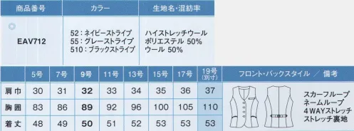 カーシー EAV712 ベスト 誰でも”キマる！”HIGH STRETCH SUITSあらゆる身長・体型に美しくフィット！今までニットでしか得られなかった高いストレッチ性を、上質で繊細なウール混素材で実現。着た瞬間に体感できる、驚くほどの着心地のよさと動きやすさ。ENJOY独自の技術を極めた新開発のオールフィットな3Dパターンで、あらゆる身長・体型・年齢に美しくフィットします●身長を気にせず小顔＆美バランス。どんな背の高さでも美しく見えるよう計算した、黄金比のVゾーン。小柄な人もVゾーンが下がりすぎず、すっきり小顔＆美バランスで着こなせます。約14％伸びるハイストレッチウール＆3Dパターンで、腕周りも快適フィット。●3Dパターンでベストの概念を一新。あらゆる身長・体型・年齢の女性をスタイルよく見せる、新開発のオールフィットな3Dパターンを採用。特にデスクワークの時の寸法の変化に着目。人間工学に基づいた3Dパターンで様々な動きに対応。ポケットは使いやすい位置にこだわりつつも、デザインの視覚効果でバランスアップを叶えます。フロントボタンは4つ配置し、ボタンとボタンの間の距離を短くすることで、座った時に組立て部分がヨレたり、隙間からシャツが見えたりするのを防ぎます。※19号は受注生産になります。※受注生産品につきましては、ご注文後のキャンセル、返品及び他の商品との交換、色・サイズ交換が出来ませんのでご注意ください。※受注生産品のお支払い方法は、先振込（代金引換以外）にて承り、ご入金確認後の手配となります。 サイズ／スペック