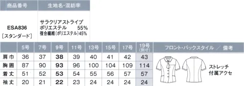 カーシー ESA836 オーバーブラウス 薄手で涼しく透けにくい「ライトブラウス」ブラウス1枚で、きちんと見える。夏が似合う涼しげなストライプで、健康的な女性らしいさを表現した軽やかな「ライトブラウス」。汚れが落ちやすい防汚加工＆防臭加工で、清潔感アップ！◎Beauty01.夏らしいカラーリング＆ストライプ柄の2WAYブラウス見た目にも涼やかなデザイン。「ロビンにはちょっと抵抗がある…」という取り取り外しも可能。2通りの着こなしが楽しめます。◎Beauty02.涼しくて透けにくい！太陽光を遮蔽する素材「サラクール」を採用。熱線を防ぐので涼しく、薄手＆白い生地でも肌着の透けが気になりません。通気度:89.5cm3/cm2/sec◎Beauty03.首と少しすき間のある低めの衿「スキッパーシャツカラー」で涼しい！◎Beauty04.濃紺のネクタイで顔の印象を引き締め！◎Healthy01.さらりと軽やかなストレッチ素材！わずか136g(9号)と軽く動きやすいので体への負担が少なく、薄手素材でべたつきも防ぎます。◎Healthy02.腕を前に出しやすい「ARM360°プラス」で、デスクワークでも疲れにくい！◎Sustainability01.ブラウス感覚で着られて1枚できまる。とにかく涼しい「ライトブラウス」でクールビズ！◎Sustainability02.汚れが落ちやすく、お手入れの手間を軽減！◎Sustainability03.使用済みペットボトルを原料にした糸を45％使用※19号は受注生産になります。※受注生産品につきましては、ご注文後のキャンセル、返品及び他の商品との交換、色・サイズ交換が出来ませんのでご注意ください。※受注生産品のお支払い方法は、先振込（代金引換以外）にて承り、ご入金確認後の手配となります。 サイズ／スペック