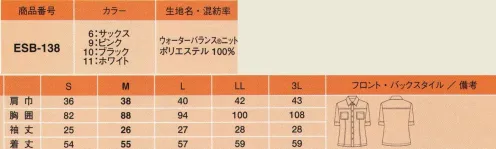 カーシー ESB-138 ニットブラウス（半袖） アクティブに動いても、さわやかな着心地を1日中キープ！カジュアルに、スポーティに着こなすカット＆ソー「ブラウス」がキーアイテム。パウダータッチのさらさら感が快適な着心地。紫外線からお肌を守るUVケア加工と防透加工に加え、すぐれた吸汗速乾性と消臭効果も。太陽光を反射して衣服内温度の上昇を抑えるので、いつも爽やかに着られる素材です。 ※画像は11（ホワイト）となります。 サイズ／スペック
