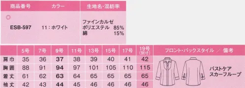 カーシー ESB-597 シャツブラウス(七分袖) ファインカルゼ:シルクのような光沢に、ふんわり柔らかな肌ざわり。シワを気にせず、ストレスフリー。極細の糸を使い、フレンチカルゼ組織で織り上げることで膨らみのある柔らかさ、軽やかさとともに、優しい肌ざわりを実現。シワの回復力がとても高いため、着ているだけで洗濯ジワが取れやすく、メンテナンスも容易なenjoyオリジナル素材です。●enjoy ARM 360°:腕を真上にあげても、前後にぐるぐる回してもラクラク。裾がスカートからはみ出しにくく、着くずれの不安もありません。●スカーフループで華やかに:スカーフのズレを防止するためのループつき。「スカーフをきちんと巻くと首もとが苦しい」「キレイな形をキープしにくい」という悩みを解消。●胸もと安心のお、バストケアボタン:胸もとに内掛けのバストケアボタンを採用。ボタンの隙間から下着が見えるのを防ぐ、うれしい工夫です。●まるでボディーアイロンのような効果:着ているだけで、シワが取れやすく、つきにくい。時間の経過とともに、さらに美しく。[Wのシワ対策]洗濯後 イージーケア=シワになりにくい 着用時 ボディーアイロン効果=シワが取れやすい※19号は受注生産になります。※受注生産品につきましては、ご注文後のキャンセル、返品及び他の商品との交換、色・サイズ交換が出来ませんのでご注意ください。※受注生産品のお支払い方法は、先振込（代金引換以外）にて承り、ご入金確認後の手配となります。 サイズ／スペック