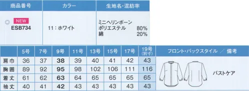 カーシー ESB734 ブラウス（七分袖） 女性らしく清らかな気品を纏ってドレスシャツのような柔らかな雰囲気の七分袖は、オールシーズン着用可能。●ソフトタッチの「制菌」素材が、ニオイを防ぐ。繊細なヘリンボーン組織を活かした、やわらかい肌ざわりの素材。清潔感のあるホワイトには防透性の高いフルダル糸を採用することで、透けが気になりません。肌にやさしいソフトタッチで、洗濯後の乾きもスピーディー。金を減らしニオイも防ぎます。●制菌加工「バリュー®」繊維上の制菌の増殖を抑制。洗濯耐久性が高く、工業洗濯を繰り返しても、制菌効果がハイレベルのまま持続します。※「バリュー®」は帝人フロンティア（株）の商標です。●形状特徴・Swing ARM 360°腕を伸ばしても、ぐるぐる回してもきゅうくつ感がなく快適。・バストケアピッチ胸もとからインナーが見えないよう、ボタンの間隔を調整。・前立て比翼仕立てフォーマル感を高める比翼仕立てを採用。襟元と胸元をすっきり見せてくれます。・パフスリーブベストを合わせたとき、しっくりとなじむよう、袖にふんわりとしたフォルムを表現。※19号は受注生産になります。※受注生産品につきましては、ご注文後のキャンセル、返品及び他の商品との交換、色・サイズ交換が出来ませんのでご注意くださいませ。※受注生産品のお支払い方法は、先振込み（代金引換以外）にて承り、ご入金確認後の手配となります。 サイズ／スペック