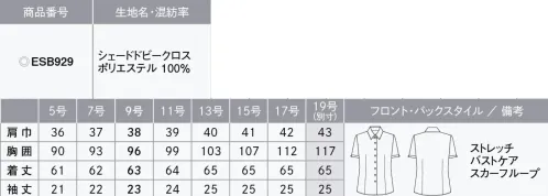 カーシー ESB929-B シャツブラウス（半袖）　19号(特注) ストレッチ性のあるスタンダードなシャツカラー。【SHADE DOBBY CLOTH（シェードドビークロス）】透けにくく、柔らかな風合い。極細のポリエステル糸を使用した表情豊かなドビー織のストレッチ素材。フルダル糸を使用しているので防透性やUVカット性にも優れています。また、裏側を適度な凹凸感がある組織にしているのでべたつき感がなく、快適な着心地のENJOYオリジナル素材です。●バストケアピッチ…胸元からインナーが見えないよう、ボタンの間隔を調整。胸元の悩みをスマートに解消。●ヨコストレッチ●動きやすい袖（ARM360°）…パソコン入力や電話対応など、腕を前に出す動作がスムーズに。●消臭テープ（脇下）…ニオイを防ぐ消臭テープ付き。気になる汗のニオイも心配なし。●スカーフループ® …スカーフをループに通すだけできれいな形が完成。首に巻かないので快適です。※スカーフループ®はカーシーカシマ（株）の登録商標です。※19号は受注生産になります。※受注生産品につきましては、ご注文後のキャンセル、返品及び他の商品との交換、色・サイズ交換が出来ませんのでご注意ください。※受注生産品のお支払い方法は、先振込（代金引換以外）にて承り、ご入金確認後の手配となります。 サイズ／スペック