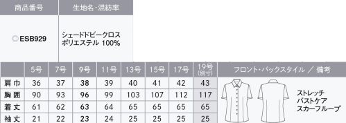 カーシー ESB929 シャツブラウス（半袖） ストレッチ性のあるスタンダードなシャツカラー。【SHADE DOBBY CLOTH（シェードドビークロス）】透けにくく、柔らかな風合い。極細のポリエステル糸を使用した表情豊かなドビー織のストレッチ素材。フルダル糸を使用しているので防透性やUVカット性にも優れています。また、裏側を適度な凹凸感がある組織にしているのでべたつき感がなく、快適な着心地のENJOYオリジナル素材です。●バストケアピッチ…胸元からインナーが見えないよう、ボタンの間隔を調整。胸元の悩みをスマートに解消。●ヨコストレッチ●動きやすい袖（ARM360°）…パソコン入力や電話対応など、腕を前に出す動作がスムーズに。●消臭テープ（脇下）…ニオイを防ぐ消臭テープ付き。気になる汗のニオイも心配なし。●スカーフループ® …スカーフをループに通すだけできれいな形が完成。首に巻かないので快適です。※スカーフループ®はカーシーカシマ（株）の登録商標です。※19号は受注生産になります。※受注生産品につきましては、ご注文後のキャンセル、返品及び他の商品との交換、色・サイズ交換が出来ませんのでご注意ください。※受注生産品のお支払い方法は、先振込（代金引換以外）にて承り、ご入金確認後の手配となります。 サイズ／スペック