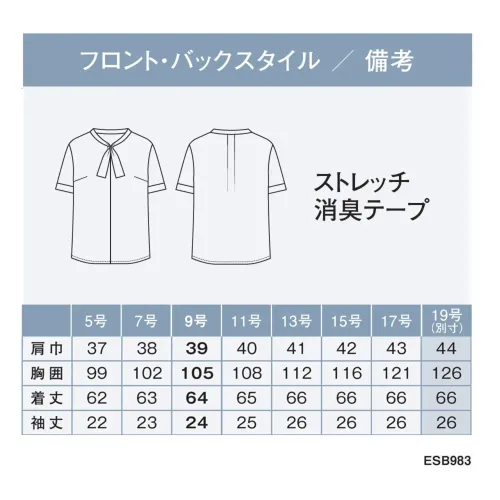 カーシーカシマ ESB983 ボウブラウス ESB983 ボウブラウスマットな風合いが上品な印象を与える薄手のジョーゼット素材を使用したボウブラウスです。1枚でも重ね着でも爽やかに着こなせます。ARM360°プラスの肩幅設計とイージーケア機能で、快適な着心地とお手入れの簡単さを実現しました。特徴・薄手のジョーゼット素材でマットな風合いが上品な印象・ほどよいドレープ性と適度な反発感で美しいシルエット・ソフトストレッチで肌触りが良く軽やかな着心地・身につけるだけで美しいシルエットが決まる優れたデザイン・ARM360°プラス設計で肩幅の動きに自然にフィット・消臭テープ付きで快適性をアップ・ホームクリーニング対応でお手入れ簡単・1枚着でも重ね着でも様々なスタイリングに対応※19号は受注生産になります。※受注生産品につきましては、ご注文後のキャンセル、返品及び他の商品との交換、色・サイズ交換が出来ませんのでご注意ください。※受注生産品のお支払い方法は、前払いにて承り、ご入金確認後の手配となります。 サイズ／スペック