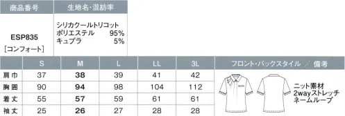 カーシー ESP835 ポロシャツ 健やかな毎日をサポートするリカバリーウェア。SILICA POLO（シリカ ポロ）着ているだけでひんやりドライな素材「モイステックス®」に「シリカナノコロイド」加工をプラスしたオフィスポロ。体力を奪われやすい夏のお仕事を強力にサポートします。◎Beauty.長めの着丈で、どんなボトムスとも好相性！◎HEALTHY.着ているだけで、健やかな夏をサポートする新素材「シリカナノコロイド」加工をプラスシリカナノコロイド加工を施した衣服を人が着用し、動くことにより電気が発生します。（逆電圧効果）それにより、人体が動くためのエネルギー生産工場である細胞のミトコンドリアが活性し、疲労への耐性が高まるなど、さまざまな生理学的有用性を検討しています。◎呼吸する新素材「モイステックス®」を採用モイステックス®は、吸湿・放湿性に優れたキュプラと機能性ポリエステルを組み合わせた接触冷感素材。衣服内の温度をコントロールしてドライで快適な状態を保つ「呼吸する素材」です。◇熱を逃がして、ひんやり「接触冷感」キュプラが内側の熱を外へ逃し、優れた吸放湿性を発揮。気化熱効果を促すため、生地が肌に触れた時のクール感（q-max値）をアップします。また、汗をかいた後もすぐに乾きます。◇ムレにくい吸放湿性に優れたキュプラの働きによって、衣服内を爽やかに保ちます。◇やさしい肌ざわり汗をかいても生地が肌にはりつかず、いつも快適。肌との摩擦が小さいため刺激が少なく、シルクタッチの上質でやさしい肌ざわりです。◇UPF15、UVカット紫外線遮蔽性の高い素材を複合。UVケア効果も優れています。※UPFとは衣類の紫外線保護係数を表します。◇アイロンがけ不要繰り返し洗っても生地のハリ感とすっきりしたシルエットをキープ。ノンアイロンで手軽に着られます。◇1枚でも透けないバツグンの安心感下着を透けにくくするフルダル糸を使用することで、オフィスポロ1枚だけでも安心です。◎SUSTAINABILITY.モイステックス®に使われている繊維「キュプラ」とは？爽やかな着心地、しなやかで上質、なめらかな風合いが特長です。・植物生まれのエコな繊維コットンの種子のまわりに映えている未利用繊維「コットンリンター※」を原料とする再生繊維です。燃やしても有害ガスの発生量が少なく、環境に対する負荷が少ないのが特長。土に埋めると分解されて土に還る「生分解性繊維」です。※綿花の種子を包む産毛状の短繊維。・呼吸する爽やかな繊維優れた吸湿・放湿特性で衣服内を快適な湿度に保ち、爽やかな着心地をキープ。不快なムレ感も防ぎます。・肌にやさしい、しなやか繊維繊維断面が丸く表面がなめらかなため、肌への摩擦刺激が少なく、肌ざわりもやわらかです。・静電気が起きにくい繊維天然素材原料なので、繊維が含む水分量が多く、静電気が起きにくくなっています。肌にまとわりつかず、きれいなシルエットを保ちます。※MoisteX®は旭化成アドバンスの登録商標です。 サイズ／スペック