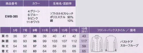 カーシー EWB-385 シャツブラウス（長袖） ソフトな肌ざわり、しなやかなストレッチ性。「あったらいいな」を形にした、究極のブラウス。ここが優秀！ ●バツグンのやわらかさ！ソフト＆ストレッチ:ふんわりやわらかい肌ざわりが魅力。ほどよいストレッチ力でシワになりにくく、耐久性もバッチリの優秀ブラウスです。 ●ブラウス初の提案！スカーフループ:スカーフのズレを防止するためのループつき。「スカーフをきちんと巻くと首もとが苦しい」「キレイな形をキープしにくい」という悩みから女性たちを解放します。  ●独自の立体パターンシステム:動きにくい・・・腕がきつい・・・そんな女性の声、悩みを解消！ENJOY ARM360°:腕を真上にあげても、360°ぐるぐる回してもラクラク快適。ブラウスの裾がスカートからはみ出しにくいから、腰まわりの着くずれも防げます。  ●胸もとにうれしい、ひと工夫！バストケアボタン:胸もとに内掛けのバストケアボタンを採用。下着が見えるのを防ぐ、うれしい工夫です。※「4 グリーン」は、販売を終了致しました。※19号は受注生産品となっております。※受注生産品につきましては、ご注文後のキャンセル、返品及び他の商品との交換、色・サイズ交換が出来ませんのでご注意くださいませ。※受生生産品のお支払い方法は、先振込（代金引換以外）にて承り、ご入金確認後の手配となります。 サイズ／スペック