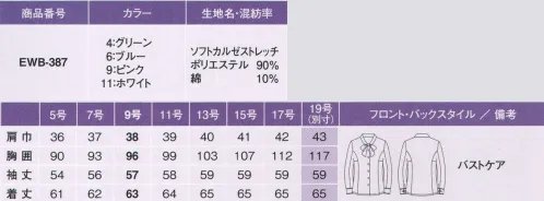 カーシー EWB-387 ボウブラウス（長袖） ソフトな肌ざわり、しなやかなストレッチ性。「あったらいいな」を形にした、究極のブラウス。ここが優秀！ ●バツグンのやわらかさ！ソフト＆ストレッチ:ふんわりやわらかい肌ざわりが魅力。ほどよいストレッチ力でシワになりにくく、耐久性もバッチリの優秀ブラウスです。  ●独自の立体パターンシステム:動きにくい・・・腕がきつい・・・そんな女性の声、悩みを解消！ENJOY ARM360°:腕を真上にあげても、360°ぐるぐる回してもラクラク快適。ブラウスの裾がスカートからはみ出しにくいから、腰まわりの着くずれも防げます。  ●胸もとにうれしい、ひと工夫！バストケアボタン:胸もとに内掛けのバストケアボタンを採用。下着が見えるのを防ぐ、うれしい工夫です。※19号は受注生産品となっております。※受注生産品につきましては、ご注文後のキャンセル、返品及び他の商品との交換、色・サイズ交換が出来ませんのでご注意くださいませ。※受生生産品のお支払い方法は、先振込（代金引換以外）にて承り、ご入金確認後の手配となります。※「4 グリーン」、「6 ブルー」、「9 ピンク」は、販売を終了致しました。 サイズ／スペック