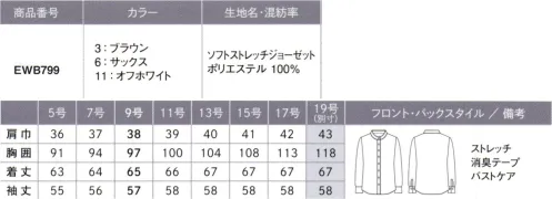 カーシー EWB799 スタンドカラーブラウス（長袖） 着るだけで美シルエットが生まれるしなやかなジョーゼット素材。マットな風合いが上品な印象を与える薄手のジョーゼット素材。程よいドレープ感と適度な反発感があり、身に着けるだけで美しいシルエットが生まれます。ソフトな肌ざわりと、軽くしなやかなストレッチ性で着心地がよく快適です。※19号は受注生産になります。※受注生産品につきましては、ご注文後のキャンセル、返品及び他の商品との交換、色・サイズ交換が出来ませんのでご注意ください。※受注生産品のお支払い方法は、先振込（代金引換以外）にて承り、ご入金確認後の手配となります。  サイズ／スペック