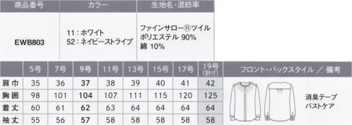 カーシー EWB803-B タックブラウス（長袖）　19号(特注) ソフトな風合いを叶えながら、抜群の形態安定性。極細のポリエステル繊維を使用した、軽量でソフトな風合いを持つ素材。形態安定性が高く、透け防止効果・UVカット効果が備わっています。※19号は受注生産になります。※受注生産品につきましては、ご注文後のキャンセル、返品及び他の商品との交換、色・サイズ交換が出来ませんのでご注意ください。※受注生産品のお支払い方法は、先振込（代金引換以外）にて承り、ご入金確認後の手配となります。  サイズ／スペック