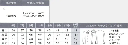 カーシー EWB872-B ブラウス（長袖）　19号(特注) ニットの着やすさはそのままにすっきりと仕立て映え。TRICOT CORD KNIT（トリコット コード ニット）ポリエステル100％布帛よりもストレッチ性が高く、ニットよりも仕立て映え。表面のほのかな畝（うね）感がすっきりとした印象を与えるトリコットニット。軽量でストレッチ性に優れ、通気性が良くムレにくいのが特徴。また、フルダル糸を使用しているので透けにくく、SR防汚加工を施し、汚れを落ちやすくしています。シワになりにくく、型くずれしにくい快適素材です。※19号は受注生産になります。※受注生産品につきましては、ご注文後のキャンセル、返品及び他の商品との交換、色・サイズ交換が出来ませんのでご注意ください。※受注生産品のお支払い方法は、先振込（代金引換以外）にて承り、ご入金確認後の手配となります。 サイズ／スペック