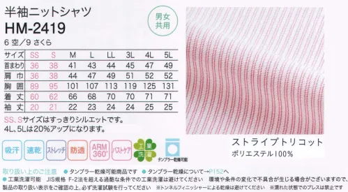 カーシー HM-2419 半袖ニットシャツ きちんと見えて、ラクに動ける。やさしく美しい色合いが、素直で誠実な印象を与える人気のニットシャツ。独自の立体パターンシステムで、介助するときに感じる、肩まわり・腕・背中のきゅうくつ感を軽減。また、腕を上げても裾が一緒に上がってこないので、腰まわりのチラ見えも気になりません。胸もとのチラ見えを防ぐうれいし配慮。内掛けのボタンを採用しています。キレイでやさいい自然の色を採用。それぞれの生地色にあわせて選んだ3色のボタンが、おしゃれ感を演出します。たとえば、ピンク色はさくらをイメージし、ボタンにもさくらの花びらや幹の色を取り入れています。ボディラインを目立たせない、ほどよいハリ感のある生地を採用。下着が透けにくいから1枚でも安心して着られます。「ストライプトリコット」ニットだから動きやすい。シワになりにくく、透けにくい工業洗濯対応の「快適上質素材」。肌離れが良く、快適な通気性のトリコットニット素材。形態安定性に優れているため、繰り返し洗濯しても形くずれしにくいのが特長です。適度なハリ・コシがあり、薄地でも安心のハードグリーンオリジナル素材。 サイズ／スペック