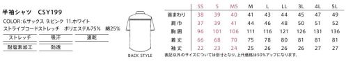 カーシー（キャリーン） CSY199 半袖シャツ フォーマルなディテールを取り入れた高機能おもてなしシャツ。きちんと感と着心地のよさを兼ね備えたCAREANのシャツコレクション。クリーンスタッフに最適な機能を充実させつつ、フォーマルな要素を取り入れた、おもてなしにふさわしいラインアップ。ネクタイをつけているかのようなデザインで、おもてなし感を演出。堅苦しさを感じさせない、ほどよくフォーマルな印象のきちんと見えシャツ。ボタンのすき間からインナーが見えにくいよう、独自のバストケアピッチを採用。脇下の消臭テープが、気になるニオイを軽減。●高濃度の塩素系漂白剤(次亜塩素酸ナトリウム)が付いても、色抜けを軽減する加工付きです。※JIS-L-0884A法にて測定。●フラップをポケット口より短めに設計。ストラップ付きのカードホルダーをすっきり収納できます。上部にはペンさしホールも。●肩甲骨あたりにベンチレーションを配置し、通気性アップ。●ヨコストレッチで動きやすく、快適な着心地です。●さらりとした質感で着心地がよく、透けにくい生地を採用しています。 サイズ／スペック