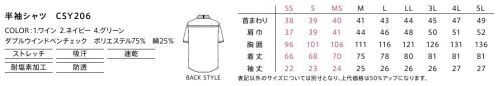 カーシー（キャリーン） CSY206 半袖シャツ 親しみやすいチェック柄に、ネクタイをイメージしたシックなカラー配色できちんと感をプラス。大容量のダブル胸ポケットや着脱しやすいスナップボタンなど、機能性も充実。脇下の消臭テープが、気になるニオイを軽減。●高濃度の塩素系漂白剤(次亜塩素酸ナトリウム)が付いても、色抜けを軽減する加工付きです。※JIS-L-0884A法にて測定。●チェック柄に引き立つ前立ての配色部分は、着脱しやすいスナップボタンに。●ダブルポケットで収納力を確保。ストラップ付きネームホルダーなども収納できます。●肩甲骨あたりにベンチレーションを配置し、通気性アップ。●さらりとした質感で着心地がよく、透けにくい生地を採用しています。 サイズ／スペック