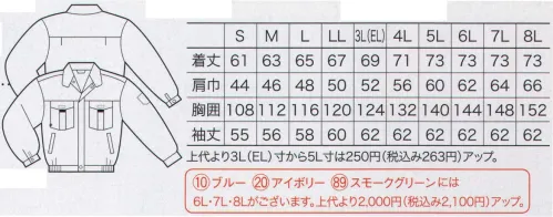 クロダルマ 32380 長袖ジャンパー 肌に馴染む綿100％。着心地と丈夫さで人気の一着。 チノクロス。肌触りや着心地がいいのが特徴の綾織の丈夫な素材。※「10ブルー」「20アイボリー」「89スモークグリーン」には、「6L」「7L」「8L」サイズがございます。 サイズ／スペック