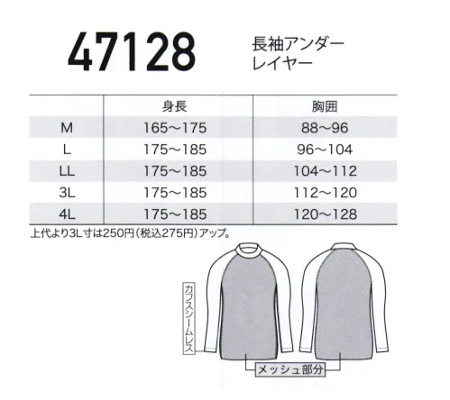 クロダルマ 47128 長袖アンダーレイヤー ファン付き作業服のインナーとして最適なジャガードメッシュ。通気性、吸汗速乾性、ストレッチ性、肌さら感、UVカットなど優れた性能を備えています。 サイズ／スペック