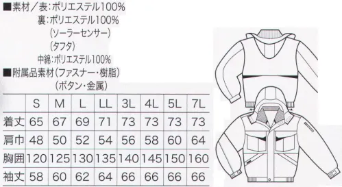 クロダルマ 54200 防水防寒ジャンパー しっかり防寒、だけど着心地軽快。防水性、透湿性、保温性など、優れた性能を多彩に発揮する防寒ウェア、新登場。胸と背中に反射テープを施し、夜間の安全性をアップ。左袖には水の染み込みを防ぐ止水ファスナーを採用。●保温性と厚み保持機能を併せ持つ高機能中綿素材。ドレープ性（しなやかさ）に富み、美しいシルエットと快適な暖かさを提供。通常、圧力や洗濯により厚みが減少しがちな中綿ですが、「シンサレート」ハイロフトは特殊な繊維を使用することで、従来の中綿より厚さ減少を30％から50％改善。最初のふっくら感と暖かさを維持できます。●四つ山扁平断面の多機能素材。ユニークな四つの山扁平状の断面を持つ、新感覚の機能性繊維。独特の断面形状など原糸特性を活かすことで、防風性・耐水性をアップ。他にも薄くて軽い、淡色での透け感を防ぐ高い防透性、紫外線の透過を抑える優れたUVカット性などの特徴があります。●優れた防水・透湿性を発揮する高機能素材。特殊な無孔質透湿膜が優れた防水性と透湿性を実現。外界のさまざまな水をガードすると同時に衣服内の湿度を放出します。さらに無孔質透湿膜自身の持つ吸湿性によって、高い結露防止性も発揮。運動時の快適性をより一層高めます。●太陽光吸収型保温ニット素材。繊維の中に練り込まれた炭素系粒子が太陽光を効率良く吸収し、熱エネルギーに変換する東レの保温素材。日射時間が長くなるにつれて、当社従来品に比べ皮膚側の温度が大きく上昇。高い保温性を維持できます。 サイズ／スペック