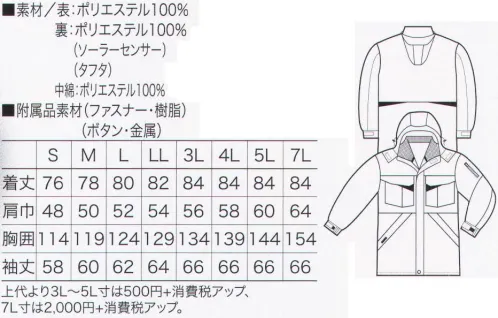 クロダルマ 54201 防水防寒コート しっかり防寒、だけど着心地軽快。防水性、透湿性、保温性など、優れた性能を多彩に発揮する防寒ウェア、新登場。胸と背中に反射テープを施し、夜間の安全性をアップ。左袖には水の染み込みを防ぐ止水ファスナーを採用。●保温性と厚み保持機能を併せ持つ高機能中綿素材。ドレープ性（しなやかさ）に富み、美しいシルエットと快適な暖かさを提供。通常、圧力や洗濯により厚みが減少しがちな中綿ですが、「シンサレート」ハイロフトは特殊な繊維を使用することで、従来の中綿より厚さ減少を30％から50％改善。最初のふっくら感と暖かさを維持できます。●四つ山扁平断面の多機能素材。ユニークな四つの山扁平状の断面を持つ、新感覚の機能性繊維。独特の断面形状など原糸特性を活かすことで、防風性・耐水性をアップ。他にも薄くて軽い、淡色での透け感を防ぐ高い防透性、紫外線の透過を抑える優れたUVカット性などの特徴があります。●優れた防水・透湿性を発揮する高機能素材。特殊な無孔質透湿膜が優れた防水性と透湿性を実現。外界のさまざまな水をガードすると同時に衣服内の湿度を放出します。さらに無孔質透湿膜自身の持つ吸湿性によって、高い結露防止性も発揮。運動時の快適性をより一層高めます。●太陽光吸収型保温ニット素材。繊維の中に練り込まれた炭素系粒子が太陽光を効率良く吸収し、熱エネルギーに変換する東レの保温素材。日射時間が長くなるにつれて、当社従来品に比べ皮膚側の温度が大きく上昇。高い保温性を維持できます。 サイズ／スペック