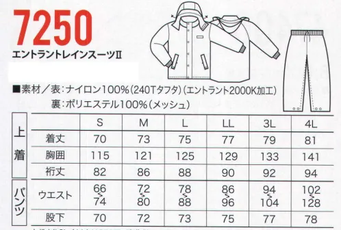 クロダルマ 7250 エントラントレインスーツⅡ 呼吸するミクロの皮膜でムレを逃す「東レエントラント」使用、高機能レインスーツ サイズ／スペック