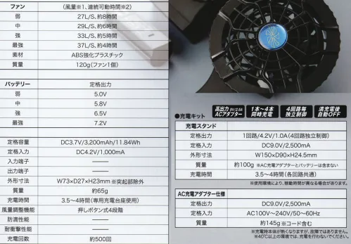 クロダルマ KS-50 コードレスファン・バッテリーフルセット AIR SENSOR-1■内容・ファン、バッテリー1組セット×2（充電式リチウムイオン電池:DC3.7V/3，200mAh/11.84Wh）・充電キット1個・AC充電アダプター1個・本取扱説明書1冊ファン◆素材:ABS強化プラスチック◆重量:120ｇ（ファン1個）◆風量、連続稼働時間:弱（27L/S、約8時間）中（29L/S、約6時間）強（33L/S、約5時間）最強（37L/S、約4時間）バッテリー◆定格出力:弱5.0V、中8.0V、強6.5V、最強7.2V◆定格容量:DC3.7V/3，200mAh/11.84Wh◆定格入力:DC4.2V/1，000mA◆外形寸法:W73×D27×H23mm※突起部除外◆質量:約65g◆充電時間:3.5～4時間(専用充電台座使用)◆風量調整機能:押しボタン式4段階◆充電回数:約5000回●充電キット高出力ACアダプター、1本～4本同時充電、4回路毎独立制御、満充電後自動OFF充電スタンド◆定格出力:1回路/4.2V/1.0A（4回路独立制御）◆定格入力:DC9.0V/2，500mA外形寸法:W150×D90×H24.5mｍ◆質量:約100g※AC充電アダプターとバッテリーは含まない◆充電時間:3.5～4時間（各回路共通）※使用環境により、稼働時間が異なる場合があります。AC充電アダプター仕様◆定格出力:DC9.0V/2，500mA◆定格入力:AC100V～240V/50～60Hz◆質量:約145g※コード含む※充電時本体が熱くなりますが、故障ではありません。※40℃以上の環境では充電を行わないでください。※この商品はご注文後のキャンセル、返品及び交換は出来ませんのでご注意下さい。※なお、この商品のお支払方法は、先振込（代金引換以外）にて承り、ご入金確認後の手配となります。#ファン付きウェア #熱中症対策 サイズ／スペック