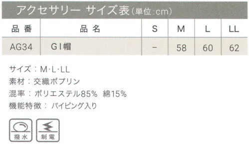 興栄繊商 AG34 GI帽 パイピングで装飾性を加えたGI帽。EP850(ショートソムリエ パイピング入)との組み合わせにより、ワンランク上の高級感を演出します。ホコリが付きにくい制電機能付きです。誇りをもてるエプロンで、働く人を、輝かせたい。「貴職人」シリーズ。日本製へのこだわり創業からずっと、メイド・イン・ジャパンつくり手の都合ではなく、着る人のことをいちばんに想う、ユニフォームづくりを。創業から半世紀近く。そのあいだに時代は大きく変わり、多くの衣料品メーカーが、コストと効率を求めて海外工場に生産を移しています。そんな中、私たちはずっと素材も、縫製も、日本製にこだわり続けてきました。細部にまで心を行き届かせた、日本の職人ならではの伝統的なものづくり。きょうも一つひとつ丁寧に、美しさと丈夫さ、機能性を備えたユニフォームを仕立て、お届けしています。素材へのこだわり上質な生地だけが与えてくれる、誇りと安心。火や油、水濡れや食品による汚れ、汗、色落ち・・・ユニフォームを取り巻く環境には、衣服にとっても、それを着る人にとっても気になる心配事がいろいろあります。だからこそ私たちは、日本を代表する紡績メーカーや染色加工場と長年にわたり改良を重ね、厳選された生地にさまざまな特殊加工を加えて、ユニフォームづくりに活かしています。上質かつ高機能な素材は、汗の臭いや細菌、汚れを防いで清潔さを保つうえ、ひとつ上の着心地で、気持ちに誇りと張りを与え、働く姿をさらに輝かせていきます。縫製へのこだわり腕利きの職人たちと紡いできた、確かな手仕事。日本には、腕の良い縫製職人がまだ何人も活躍していて、熟年の技をふるい、丁寧で、確かな仕事をしています。私たちは、優れた職人たちとのつながりを大切にしながら、素材の特性を活かすための裁断手法や、縫い目の美しさも仕事着としての強さも追及した、独自の仕立てを編み出してきました。ほつれや破れを防ぐための追加縫製など、細部まで妥協なく縫い上げ、品質を磨き上げています。※この商品はご注文後のキャンセル、返品及び交換は出来ませんのでご注意下さい。※なお、この商品のお支払方法は、先振込（代金引換以外）にて承り、ご入金確認後の手配となります。 サイズ／スペック