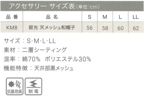 興栄繊商 KM8 寂光 天メッシュ和帽子 二重構造糸を使った高品質素材が、つややかな光沢と爽やかな手触りを実現。ホコリが付きにくい制電機能付きです。働くあなたを、もっと輝かせる一着へ。「貴職人」シリーズ※この商品はご注文後のキャンセル、返品及び交換は出来ませんのでご注意下さい。※なお、この商品のお支払方法は、先振込（代金引換以外）にて承り、ご入金確認後の手配となります。 サイズ／スペック