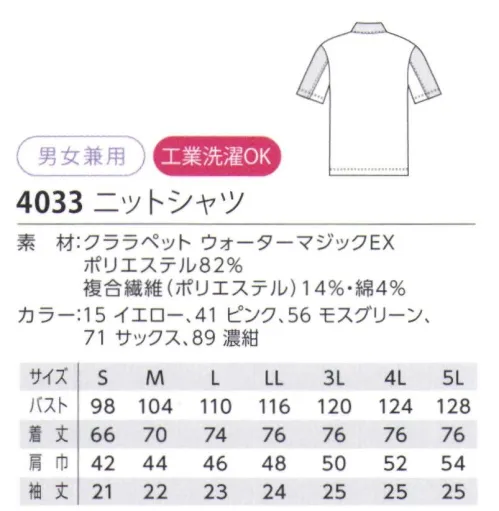 児島 4033 半袖エコポロシャツ 清潔感あふれる切替配色。大口のポケットも実用的。●胸元にポケット付き。●大きめの左右脇ポケットで充実の機能。クララペット ウォーターマジックEXすばやく吸収・速乾。吸汗・速乾・ドライ感+消臭・PETボトルを再生した、エコロジー繊維を使用しています。・発汗時のドライ感に優れています。・運動中の体温上昇の抑制機能に優れています。・広範囲の臭いに対して消臭効果を発揮します。・エコ比率14％、グリーン購入対応。・工業洗濯ができます。 サイズ／スペック