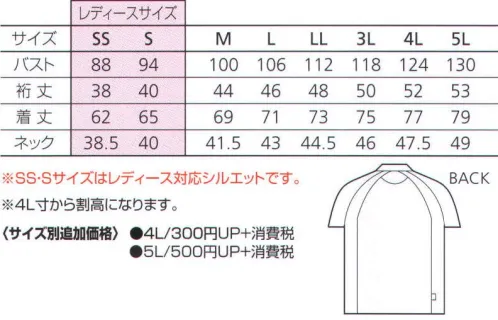 バートル 105 半袖ポロシャツ はたらくカラダに美しくフィットする。ポロシャツなど、ワークシーンでも人気のカットソースタイルに新提案。より美しく、かっこよく着こなすためにシンプルかつシャープなデザインを採用しました。イベント・デリバリー・ビルメンテ・ケアサービス等、多彩なシーンにフィットします。 吸汗・速乾性が汗をすばやく吸収してドライ感をキープ。通気性バツグンのマイクロハニカムメッシュ採用。カジュアルでスポーティな印象のラグラン袖を採用。 ※SS、Sサイズは女性向けジャストフィットシルエット。※「5 シルバー」は、販売を終了致しました。 サイズ／スペック