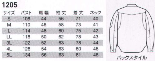 バートル 1205 長袖シャツ 丈夫な作りと着心地のよさ、ほどよいカジュアル感で人気絶大。 優れた洗濯耐久性の日本製T/Cツイル素材。肌触りのよいハイナチュラルソフト加工。●日本製素材を使用。厳選した日本製T/Cソフトツイル素材を使用。ソフトな肌触りをはじめ優れた洗濯耐久性を発揮。長く快適に着用できます。※「15 ノースグリーン」「35 ブラック」「53 ストームグレー」は、販売を終了致しました。 サイズ／スペック