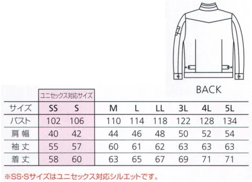 バートル 5250 レイザージャケット シャープなシルエットが着る人をよりスタイリッシュに！仕事着にもカジュアルにもオールマイティに着用できる絶妙デザインジャケット新提案！！日本製タフレックス素材（高密度ファインデニール）使用。タフレックスによる優れた高次撥水透湿性。やや細身のレイザーシルエット。ボディ廻りにブラックタフタ裏地付き。SS・Sサイズにユニセックス対応シルエットを採用。 サイズ／スペック