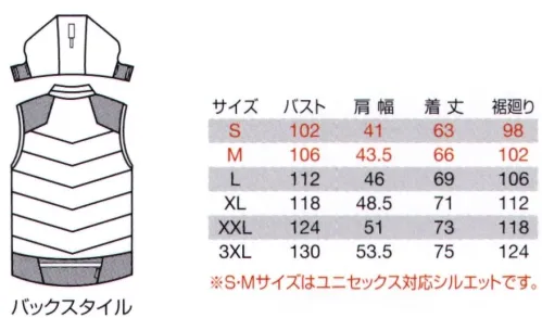 バートル 5274 防寒ベスト（大型フード付）（ユニセックス） 防風性、保温性、ダブルジップ仕様、大型フード取り外し可などワークフィールドで役立つ様々な機能を備えたアウトドアモチーフのマウンテンパーカー。バッテリーを使った発熱テクノロジー、サーモクラフト（電熱パッド）をボディ内側に装着もでき、好みの温度に調節可能で快適な発熱着用感を実現。●サーモクラフト（電熱パッド）装着対応モデル●滑らかで大衆性の高いヌバックタッサー素材（防風性）●フロントファスナーダブルジップ仕様●裾部分に反射材（リフレクター）を配備●裏地アルミフィルムラミネートによる保温性※エアークラフトバッテリーとサーモクラフト（電熱パッド）は、別売りとなります。サーモクラフト着用時はエーアクラフトバッテリーを必ずご使用ください。他社製品と組み合わせて使用した場合に発生する故障や事故につきましては責任を負いません。また、低温やけどにもご注意ください。◎ご使用前に必ず電熱パッド、およびエアークラフトバッテリーの取り扱い説明書に記載の内容を最後までお読み頂き、ご使用上の注意事項、本商品の能力、使用方法など十分ご理解のうえで、ご使用前に動作確認を行い、正しく安全にご使用くださるようお願いします。 サイズ／スペック