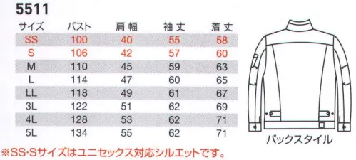 バートル 5511 ジャケット（ユニセックス） 5511Series研ぎ澄まされたワークシルエット！かっこよさと快適のBURTLEフラッグシップモデル。●やや細身のスタイリッシュシルエットに高機能を搭載●厳選した日本製綿100％リップクロス素材を使用。●製品洗い加工によるヴィンテージな風合いと防縮性●男女ユニセックスシリーズ※注意-天然素材の為、多少の色誤差がございます。-洗濯・乾燥で多少目が詰まります。洗濯及び乾燥後の収縮率はお客様の洗濯環境で異なることになります。-雨や汗で湿った状態での着用は、摩擦による色移りの恐れがありますので、お避け下さい。 サイズ／スペック