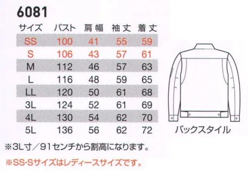 バートル 6081 ジャケット 男女共にスタイリッシュ！サービスワークからハードワークまでワイドに対応！！魅力は、ずばりシルエットの美しさ。ボディにほどよくフィットし、着たときに絶妙のバランスを実現。SSサイズ・Sサイズは女性に合わせたジャストフィットのすっきりとしたラインです。 春夏シーズンに似合うビビットなカラーは、ハードワークからソフトワークまでシーンに合わせて選べます。豊富なカラーコーディネイト対応で上下別カラーなど多彩に可能。明るい職場作りの演出やチームワークアップにも一役買うシリーズ。着る人すべてを美しく見せるデザイン。価格はもちろんデザインまでも革新した、魅力満載のアイテムです。 優れた洗濯耐久性をもつ日本製T/Cライトチノ素材を使用。豊富なカラーコーディネイトで幅広いワークシーンに対応。製品制電JIS T8118 適合品。※商品の仕様は予告なく変更される場合がございます。同一品番の商品であっても、販売時期によりスペックが異なる場合がございます。閲覧環境やモニター設定により、実際の商品の色味が画像と異なって見える場合がございます。 サイズ／スペック