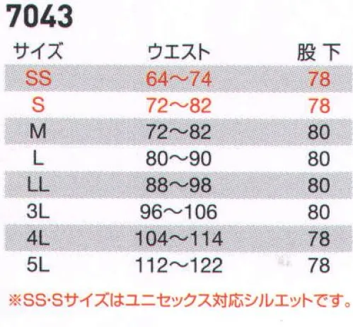 バートル 7043 ユニセックスパンツ 7041Seriesレッドファスナーが目立ちポイント！優れた通気性X動きやすさの超爽快ギア登場！！●厳選した日本製ストレッチドビークロス生地を使用。●優れた通気性と肌触りの良い綿ライクな風合い●動作を快適にサポートする高いストレッチ性（伸長率15％）●レベルブック収納可能なレッドファスナーポケット採用●男女ユニセックスシリーズ※商品の仕様は予告なく変更される場合がございます。同一品番の商品であっても、販売時期によりスペックが異なる場合がございます。閲覧環境やモニター設定により、実際の商品の色味が画像と異なって見える場合がございます。 サイズ／スペック