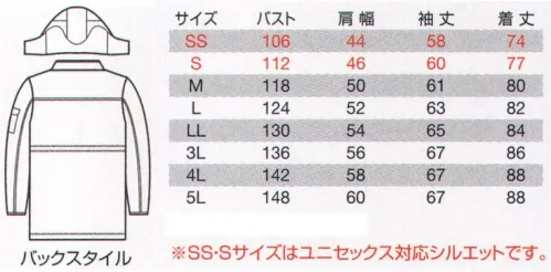 バートル 7211 防寒コート（大型フード付） フラッグシップモデルに防寒コート新登場！！スーツにもキマるマイルドミリタリーテイスト！軽量・防風・保温設計。裏地に全天候型保温素材「サーモトロン ラジポカ」を使用。裏地に静電気防止素材「メガーナ」を使用。フードを衿を一体化させた独自のスマートフォルム。首まわりに保温性のよいマイクロブロックフリースを採用。男女ユニセックスシリーズ。 サイズ／スペック