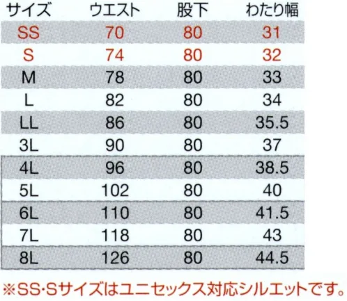 バートル 7302 カーゴパンツ（ユニセックス） 洗練された企業ユニフォームをテーマに掲げ、ストレッチ機能＆デザイン美を追求したオーセンティックな定番モデル・優れた伸縮性と形状回復性がストレスフリーな着用感を約束（伸長率20％）・汚れを落ちやすくする吸水防汚加工付・程よく細身なシルエットが洗練されたユニフォームスタイルを演出・優れた帯電防止性を備えるJIS T8118適合プロダクト・ジャケットフロントに上下開閉出来るダブルジップファスナーを配備・男女ユニセックスの着用に対応した幅広いサイズスペック※Phone収納防水ポケットは、汗などから収納物を守るもので、完全防水ではありません。※「3ネイビー」「35 ブラック」は販売を終了致しました。 サイズ／スペック